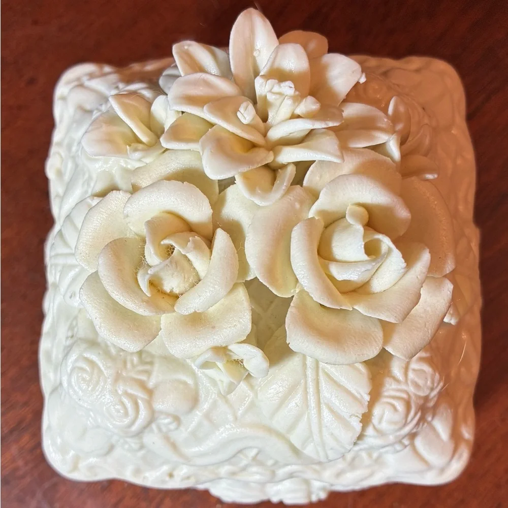 Albert Price Bisque Porcelain Rose Trinket Box • Square Jewelry Keepsake 4x4